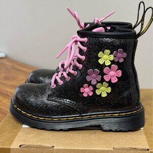 Dr. Martens Child Size 10 US. Never worn. Black, Glitter Flower Patent Leather.
